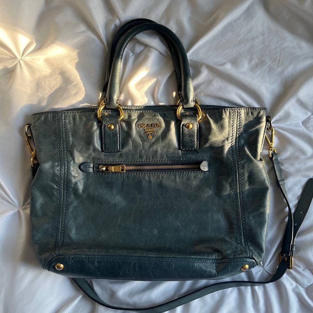 Prada Blue Leather Tote Bag